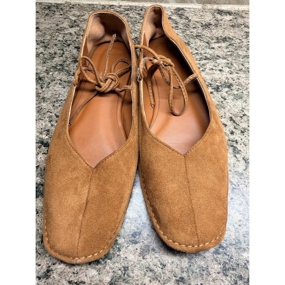 Suede Ballet Flats Square Toe Lace Up Bow V Neck Shoes Brown Tan Size 7.5